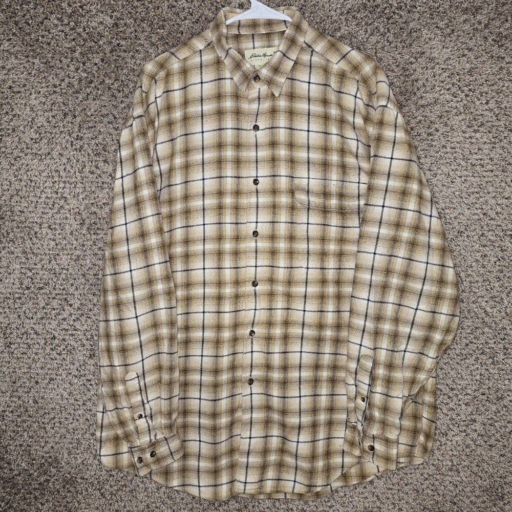 Eddie Bauer Shirt Mens Large Button Up Brown‎ Plaid Flannel Cotton Pocket Casual